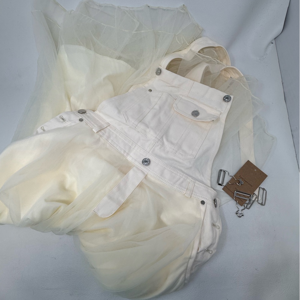 Soo Linen Unique Cream Tulle Patchwork Denim Strap Dress NWT sz M